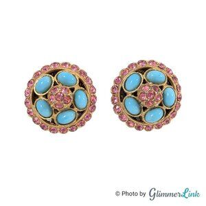 Vintage Pink Rhinestone Blue Cabochon Round Gold Tone Clip On Earrings